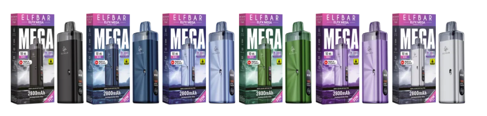 ELF BAR ELFX MEGA Pod-System mit Display und 2.800 mAh Akku neben mehreren Farbvarianten und Verpackungen, 10 ml Tank und Dual Mesh Coil 0,6 Ohm